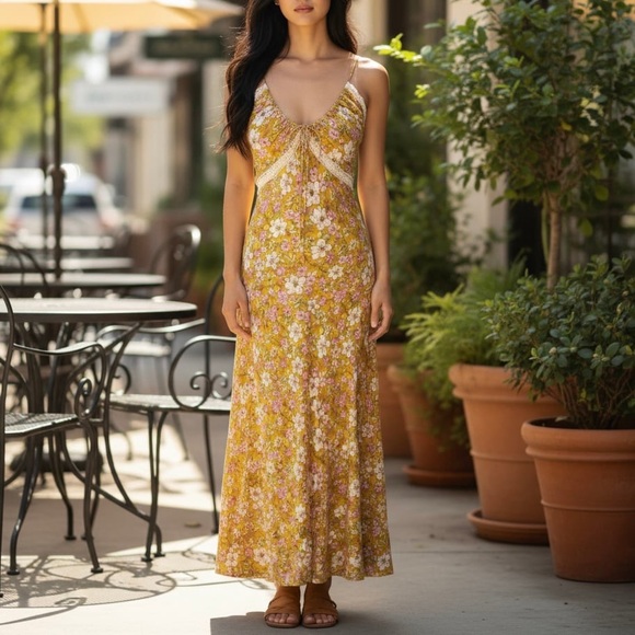 Free People All I wanted mustard yellow floral lace slip dress small - Picture 11 of 11